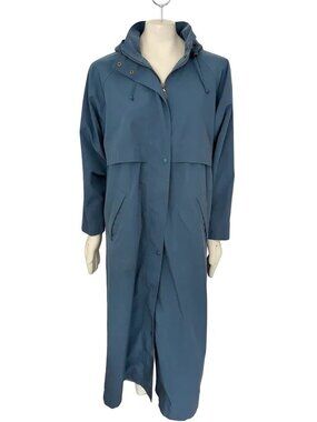 VTG 90s L.L. BEAN Full Length Hooded Rain Trench Coat in Slate Blue SZ M